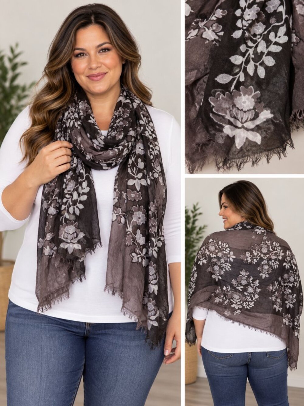 Vera Bradley Black and Gray Floral Scarf Lightweight Rayon 25”x68”